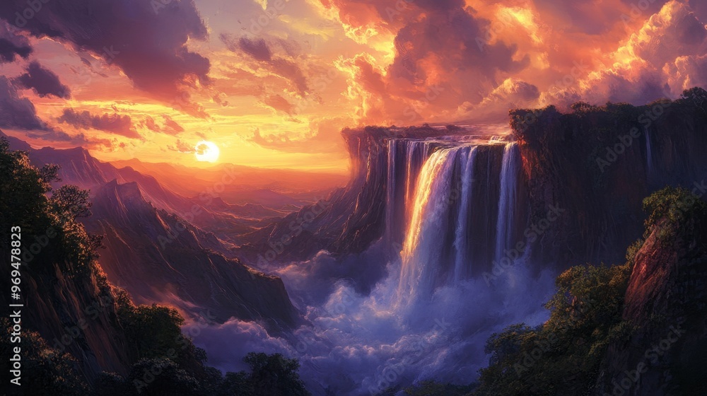 Fototapeta premium A breathtaking waterfall set against a dramatic sunset, with the sky glowing orange and pink.