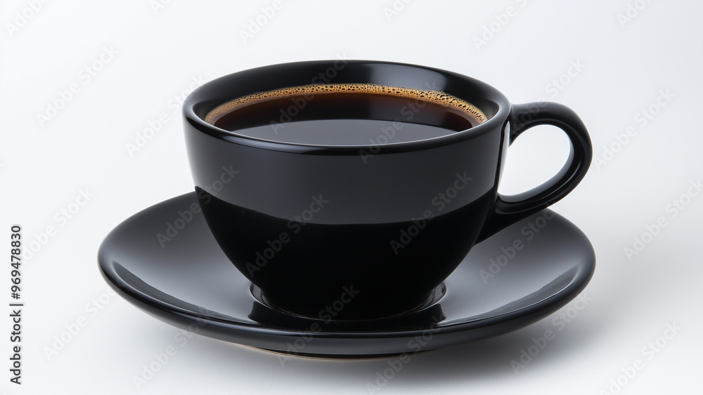 Black coffee cup with saucer on white background, ideal for modern and minimalist drink concepts. Black coffee cup with saucer on white background, ideal for modern and minimalist drink concepts.
