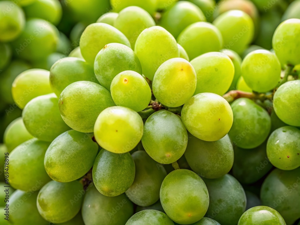 Luscious green grapes cluster together in a delicate bunch, with soft natural light highlighting their plump texture Luscious green grapes cluster together in a delicate bunch, with soft natural light highlighting their plump texture