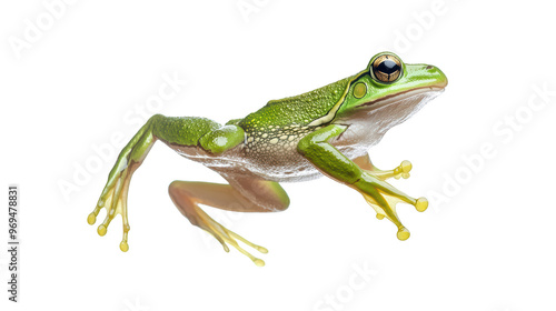 A vibrant green frog leaps gracefully, showcasing its smooth skin and distinctive features. This amphibian embodies beauty of nature with its lively expression and dynamic pose. 