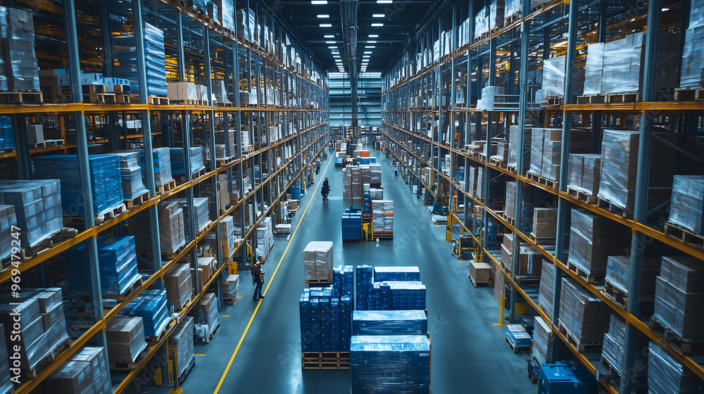 Large warehouse interior with high shelving and stacked pallets for industrial storage Large warehouse interior with high shelving and stacked pallets for industrial storage