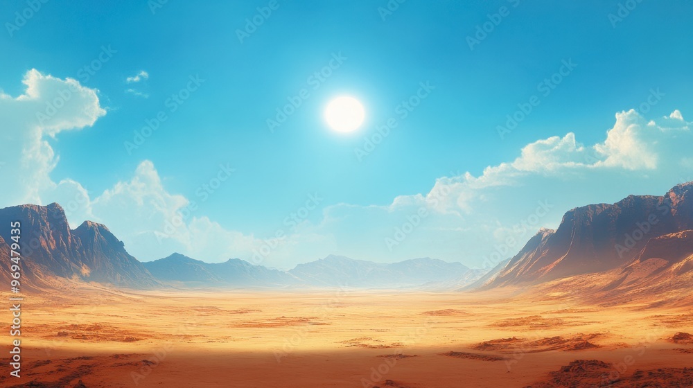 Naklejka premium A bright midday sky with the sun at its peak, casting sharp shadows across a desert landscape.