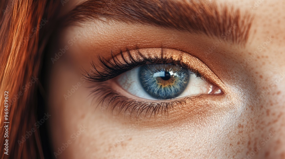 Obraz premium Macro close-up of a beautiful female eye, showcasing natural makeup, soft lashes, and perfect skin detail, with a radiant and elegant look