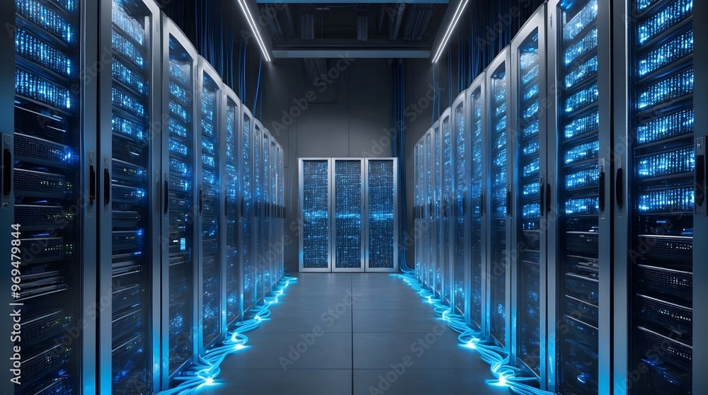 Fototapeta premium High-tech server room with illuminated racks showcasing advanced data storage technology