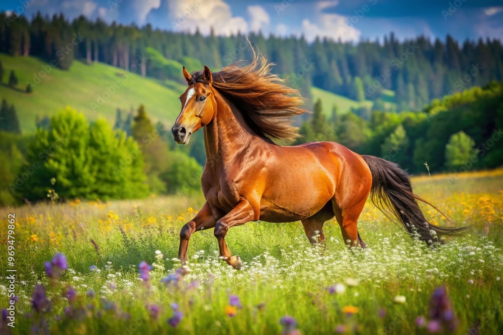 Majestic brown horse with a gleaming mane and tail, galloping freely in a lush green meadow, surrounded by Majestic brown horse with a gleaming mane and tail, galloping freely in a lush green meadow, surrounded by