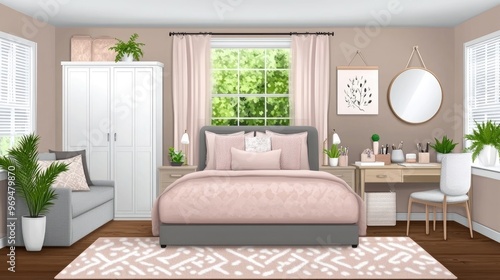 This contemporary girl's bedroom showcases soft pastel pink and grey tones, with a stylish vanity, large wardrobe, and a plush chair, inviting a sense of comfort and elegance