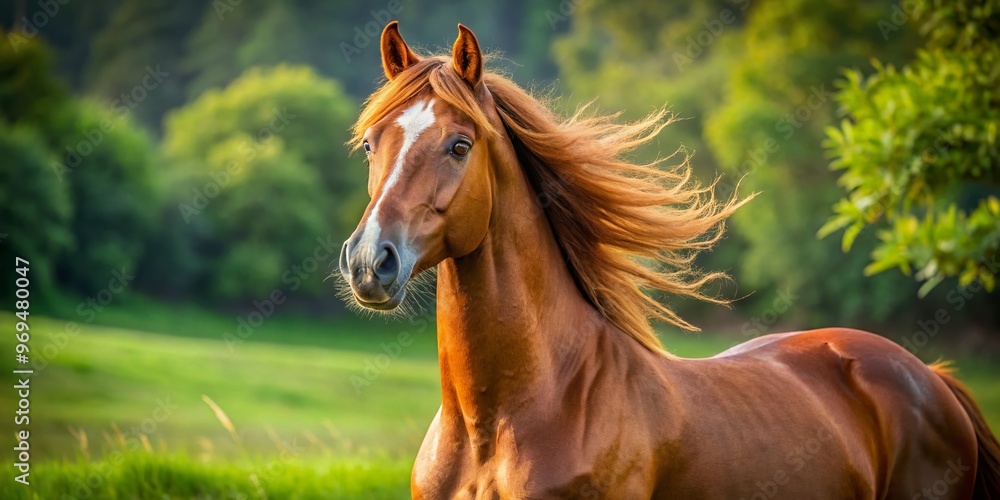 Obraz premium Majestic chestnut mare with a shiny coat and flowing mane, standing in a green meadow, ears perked up,