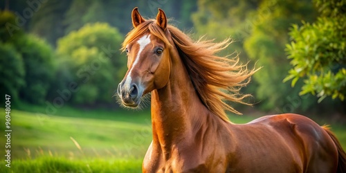 Majestic chestnut mare with a shiny coat and flowing mane, standing in a green meadow, ears perked up, photo