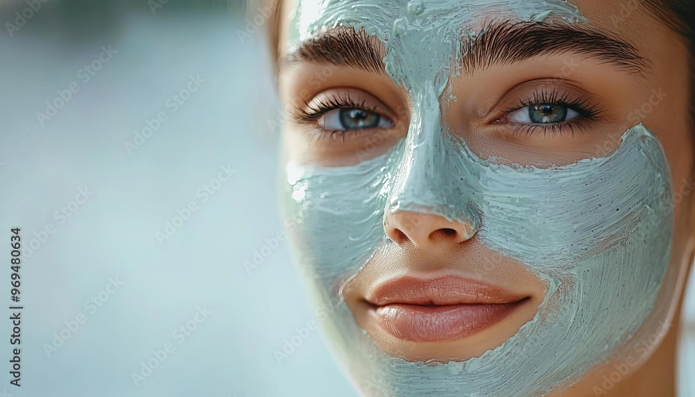 Elegant model applying brightening face mask, soft natural light enhances the skin glow, skincare beauty, youthful and refreshing self-care routine Elegant model applying brightening face mask, soft natural light enhances the skin glow, skincare beauty, youthful and refreshing self-care routine