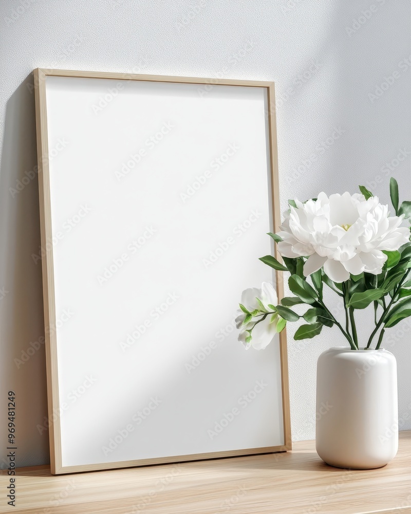 Minimalist decor featuring a blank frame and white flowers in a vase, perfect for showcasing creativity or inspiration. Minimalist decor featuring a blank frame and white flowers in a vase, perfect for showcasing creativity or inspiration.
