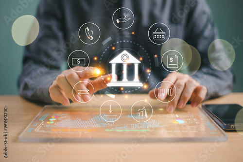 Online shopping, digital business bank account technology concept. Businessman using mobile banking, digital marketing, cyber security. Bank icon, payment insurance, financial solution and money loan