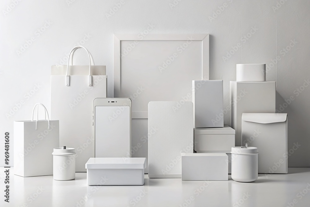 Minimalist white background with various empty product mockups, including boxes, bags, and devices, arranged neatly for Minimalist white background with various empty product mockups, including boxes, bags, and devices, arranged neatly for