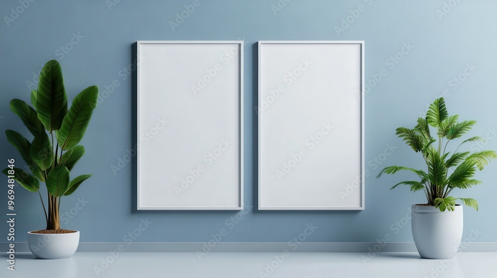 Minimalist interior design featuring empty frames on a blue wall, complemented by vibrant potted plants for a fresh look. Minimalist interior design featuring empty frames on a blue wall, complemented by vibrant potted plants for a fresh look.