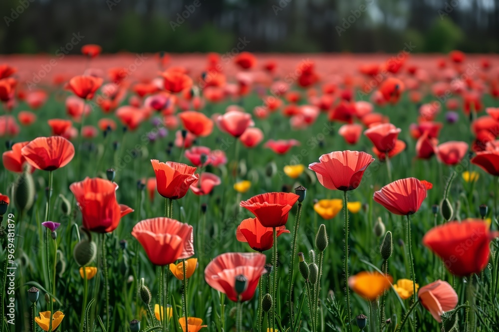 A vibrant field of red poppies and colorful blooms sways gently under the bright sunlight in spring A vibrant field of red poppies and colorful blooms sways gently under the bright sunlight in spring