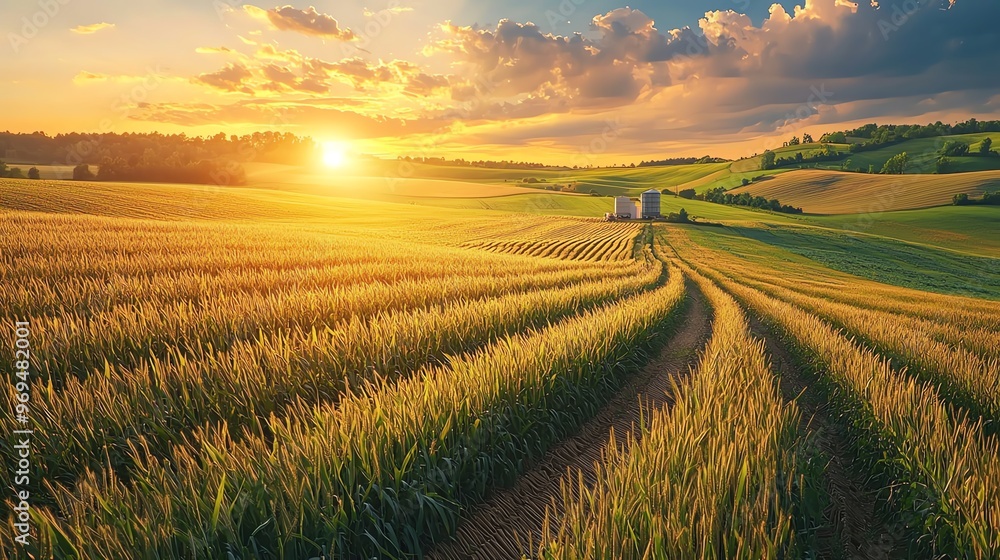 Fototapeta premium Beautiful sunset over wheat field with rolling hills, capturing serene rural landscape and golden sunlight.