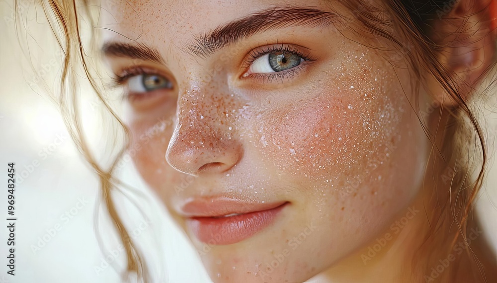 Glowing facial close-up after applying a brightening cream, soft-focus background, beauty glow, after-skincare results Glowing facial close-up after applying a brightening cream, soft-focus background, beauty glow, after-skincare results