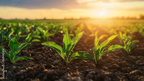 Fresh green plants emerging from rich soil under a warm golden sunset. A symbol of growth and renewal in agriculture.