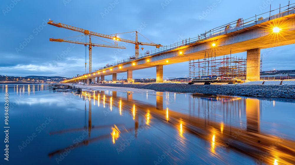 Obraz premium a newly constructed bridge spanning a wide river, with cranes and scaffolding still visible