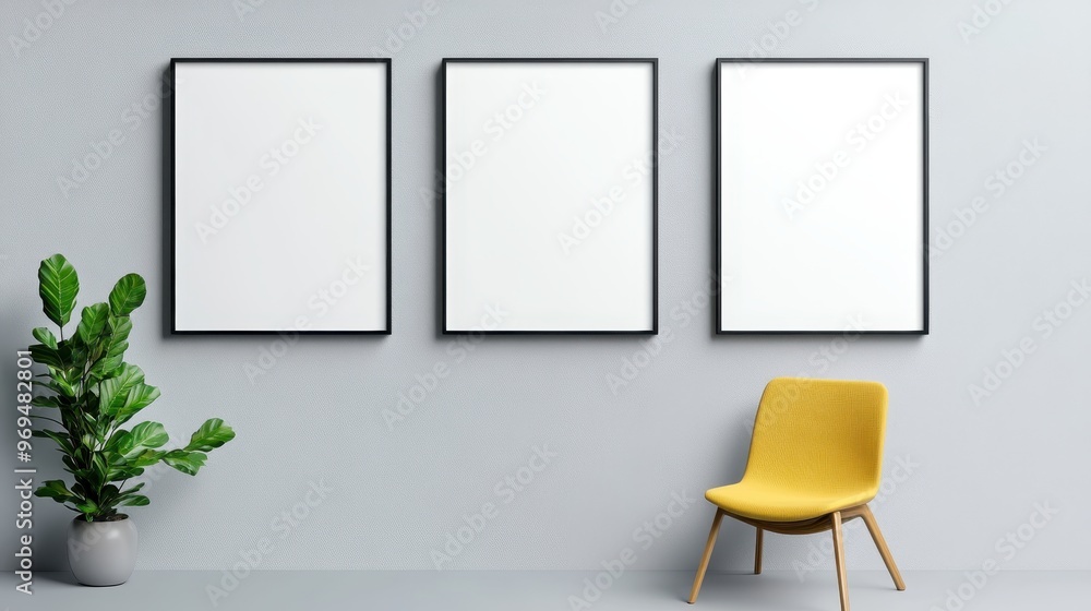 Minimalist interior with empty frames, modern chair, and potted plant against a grey wall. Perfect for art or decor inspiration. Minimalist interior with empty frames, modern chair, and potted plant against a grey wall. Perfect for art or decor inspiration.