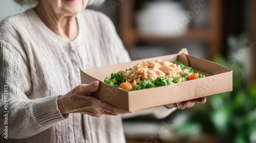 Senior woman receiving a homedelivered meal from a public health nutrition program, elderly meal delivery, nutrition support photo