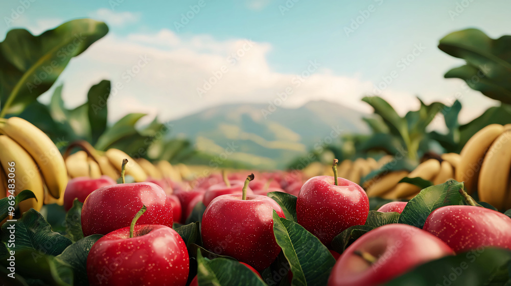 Obraz premium Fresh apples and bananas are beautifully arranged in vibrant farm setting, showcasing healthy harvest under clear sky. lush greenery and distant mountains enhance serene atmosphere