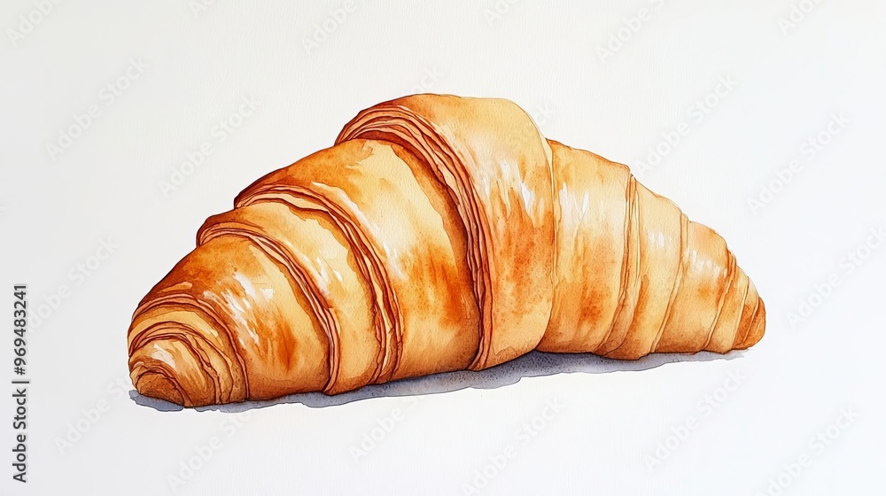 Hand-drawn watercolor croissant, clean white canvas, soft lighting, realistic texture, gentle shadows, warm tones Hand-drawn watercolor croissant, clean white canvas, soft lighting, realistic texture, gentle shadows, warm tones