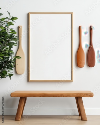 Minimalistic interior design featuring a wooden bench, wall decor, and a plant, ideal for modern home aesthetics.