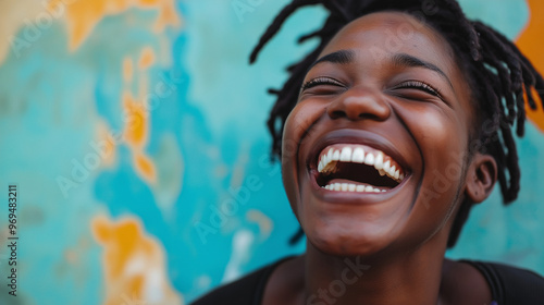 Wallpaper Mural Joyful Young Woman Laughing Against a Colorful Artistic Background Torontodigital.ca