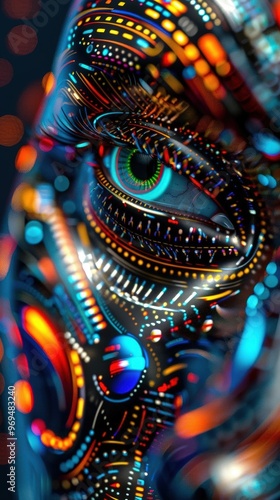 A Close-up Shot of a Futuristic human faces with technological elements and vibrant hues