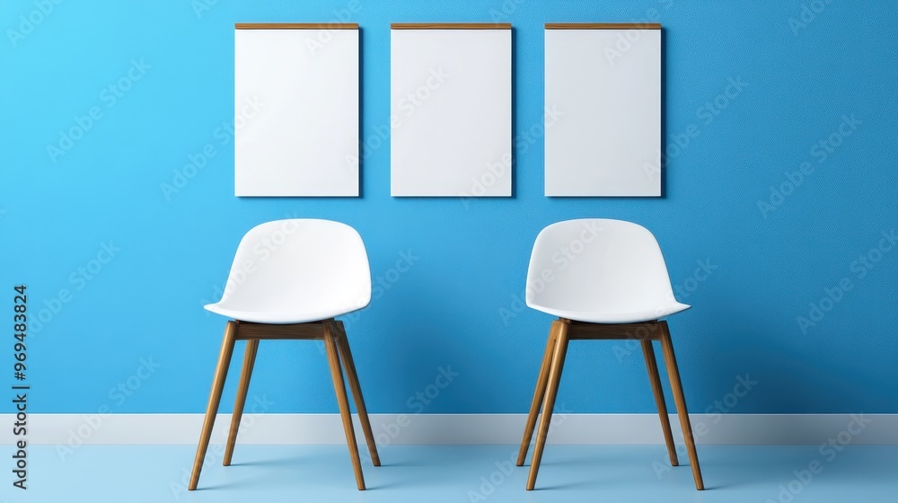 Modern chairs in front of a blue wall with empty frames ready for artwork, perfect for interior decor and design inspiration. Modern chairs in front of a blue wall with empty frames ready for artwork, perfect for interior decor and design inspiration.