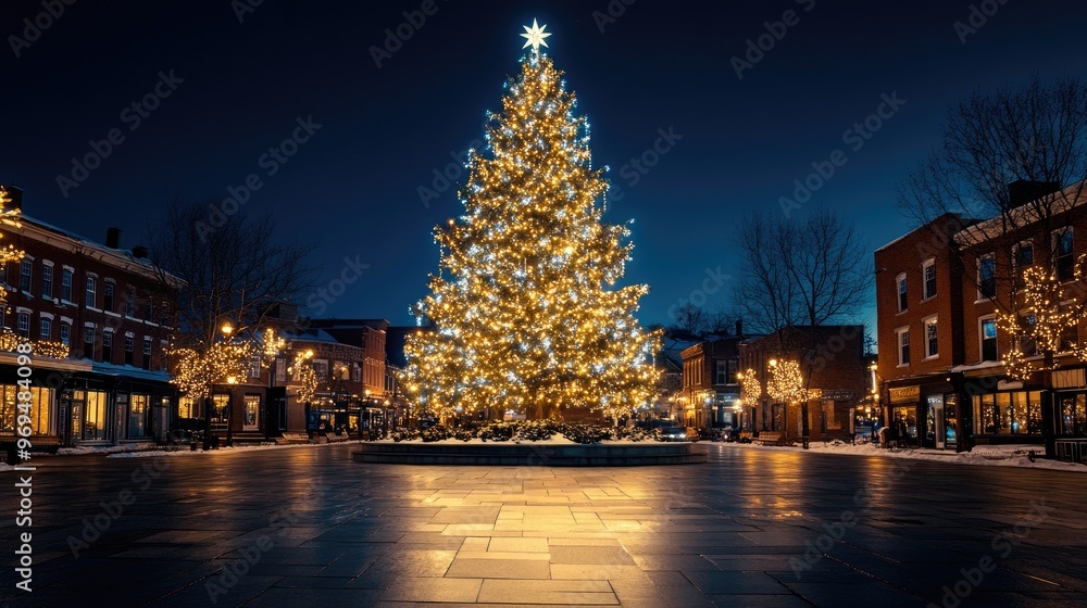 A beautifully lit outdoor Christmas tree in the town square, with ample sky space above for seasonal greetings or event announcements. A beautifully lit outdoor Christmas tree in the town square, with ample sky space above for seasonal greetings or event announcements.