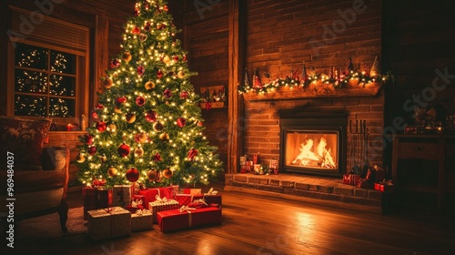 A beautifully decorated Christmas tree in a cozy living room, adorned with twinkling lights, ornaments, and presents beneath, with a glowing fireplace in the background.