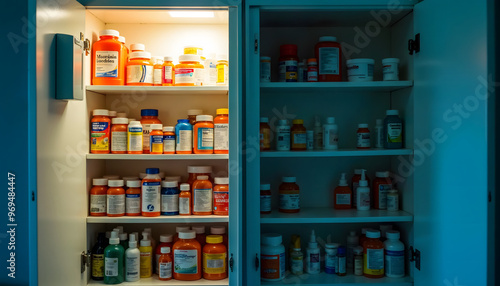 Brightly lit medicine cabinet filled with various prescription and over-the-counter medications, showcasing urban home healthcare organization.