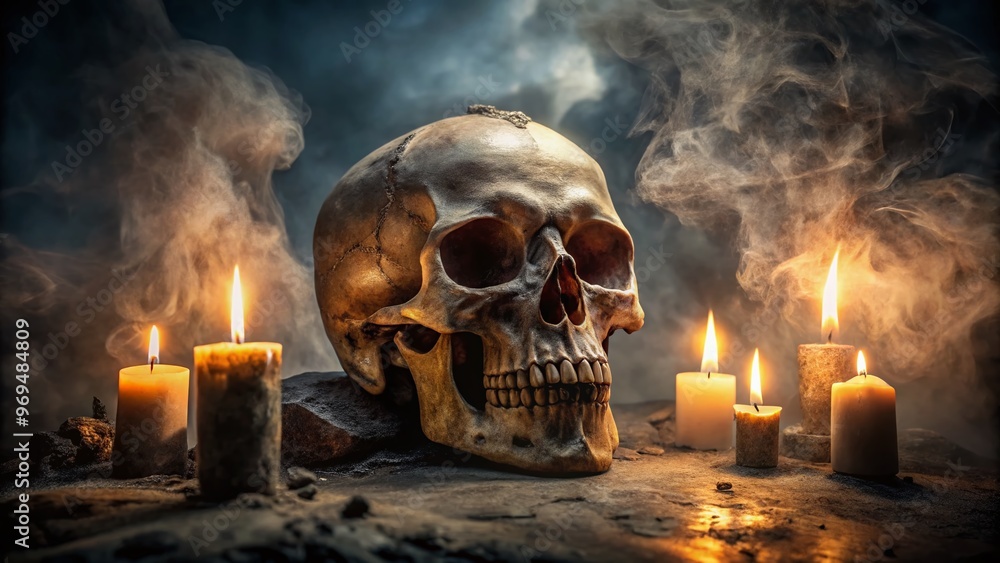 Ominous close-up of a worn, ancient skull with cracked bones, scattered candles, and eerie fog surrounding it, evoking Ominous close-up of a worn, ancient skull with cracked bones, scattered candles, and eerie fog surrounding it, evoking