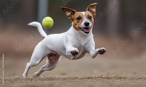 Pies rasy Jack Russell Terier goni piłkę tenisową