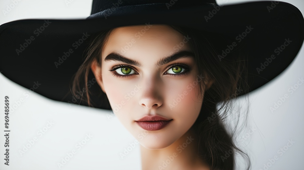 Young woman exudes confidence in a studio portrait, wearing a chic black hat and showcasing flawless beauty with green eyes and stylish makeup Young woman exudes confidence in a studio portrait, wearing a chic black hat and showcasing flawless beauty with green eyes and stylish makeup
