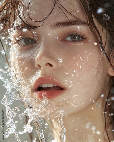 Young woman splashing water on her glowing face, emphasizing fresh skin after brightening treatment, refreshing beauty, clean skincare concept