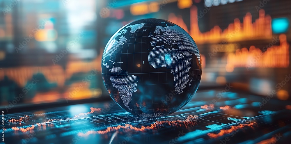 A glowing digital globe sits on a glowing screen with graphs and data. A glowing digital globe sits on a glowing screen with graphs and data.