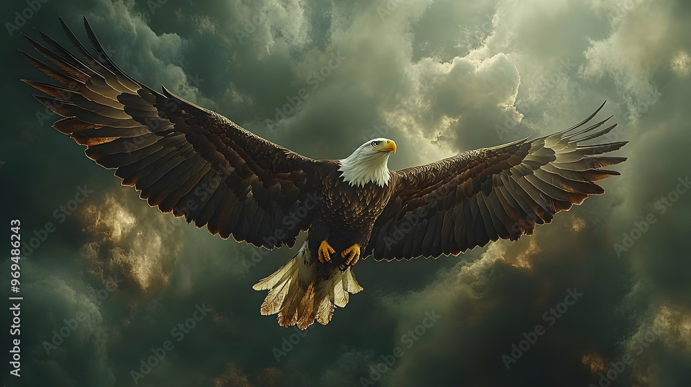 Obraz premium An eagle soaring through dramatic clouds, symbolizing freedom and strength.