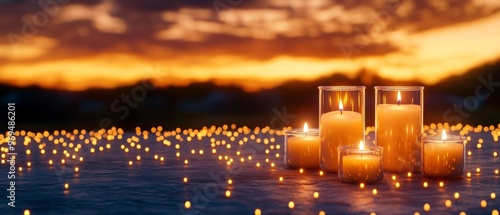 A festive Diwali evening with multiple lamps glowing warmly against a backdrop of bokeh lights