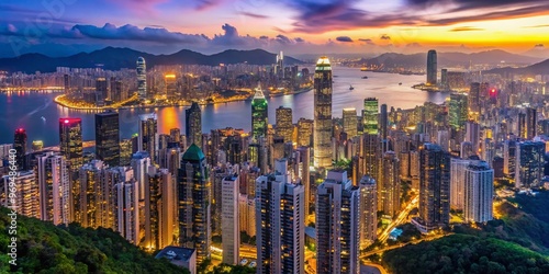 Panoramic view of glittering urban landscape at dusk, featuring towering skyscrapers, bustling Victoria Harbour, and