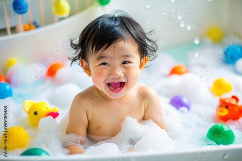 Happy baby asian boy take a bath with bubbles soap and playing a duck toy. She sitting in a bathtub