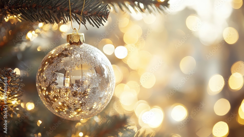 A close-up of a crystal ornament hanging from a stylish Christmas tree, with a soft bokeh effect in the background, perfect for placing text. A close-up of a crystal ornament hanging from a stylish Christmas tree, with a soft bokeh effect in the background, perfect for placing text.