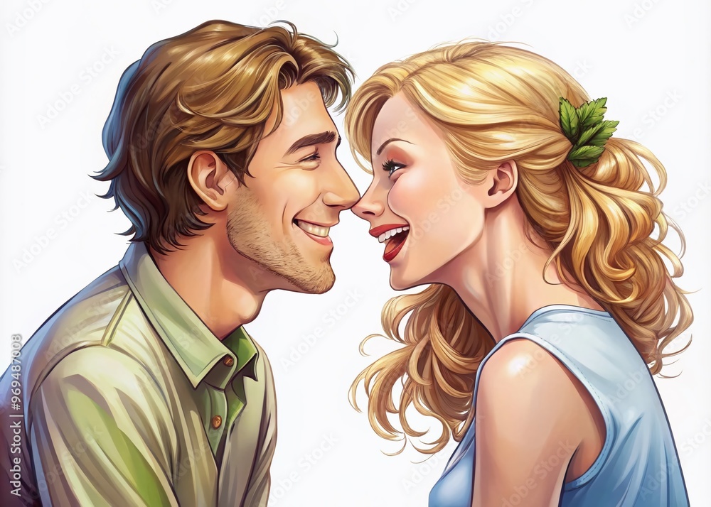 Playful and flirtatious illustrations of humorous couples in romantic encounters, showcasing affectionate body language Playful and flirtatious illustrations of humorous couples in romantic encounters, showcasing affectionate body language