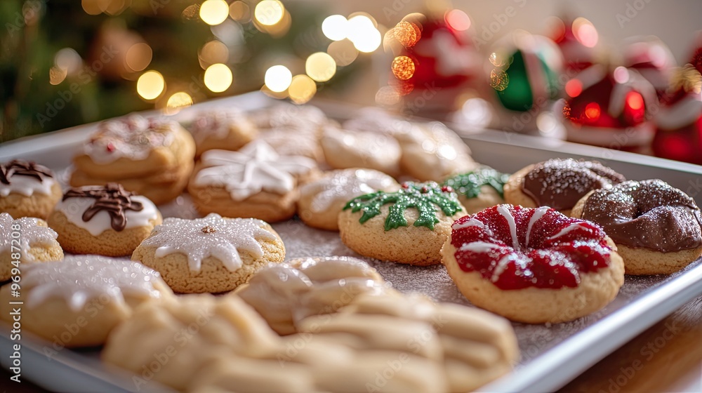 A close-up of holiday cookies on a tray, with room in the background for festive text or Christmas greetings. A close-up of holiday cookies on a tray, with room in the background for festive text or Christmas greetings.