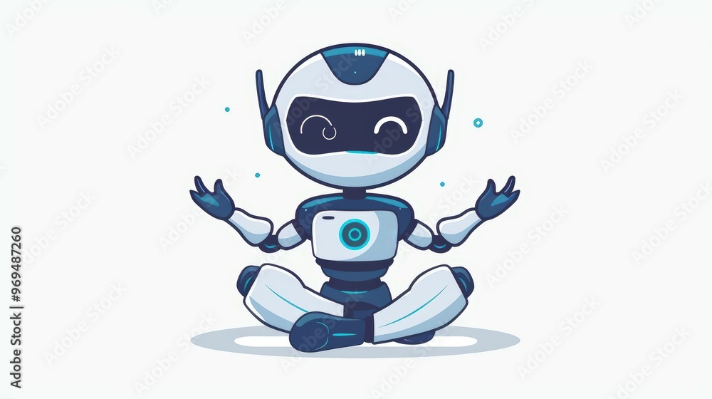 A cute cartoon of a robot teaching a virtual yoga class A cute cartoon of a robot teaching a virtual yoga class