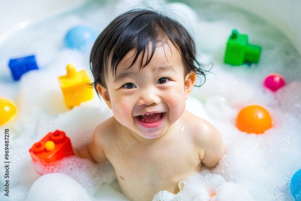 Happy baby asian boy take a bath with bubbles soap and playing a duck toy. She sitting in a bathtub Happy baby asian boy take a bath with bubbles soap and playing a duck toy. She sitting in a bathtub