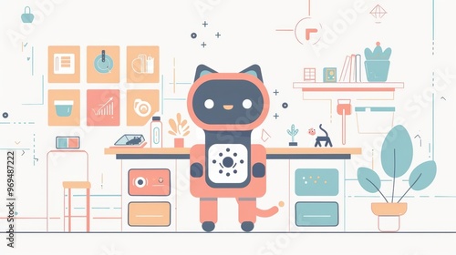 A cute cartoon of a robot managing a futuristic animal shelter
