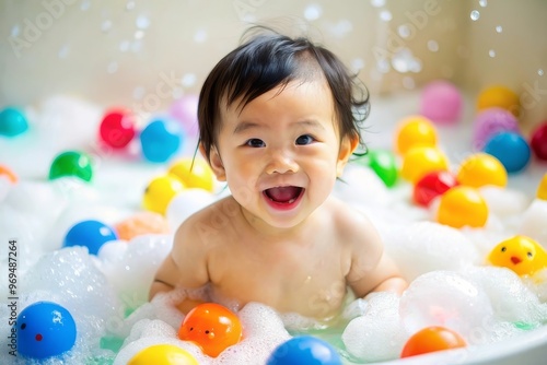 Happy baby asian boy take a bath with bubbles soap and playing a duck toy. She sitting in a bathtub