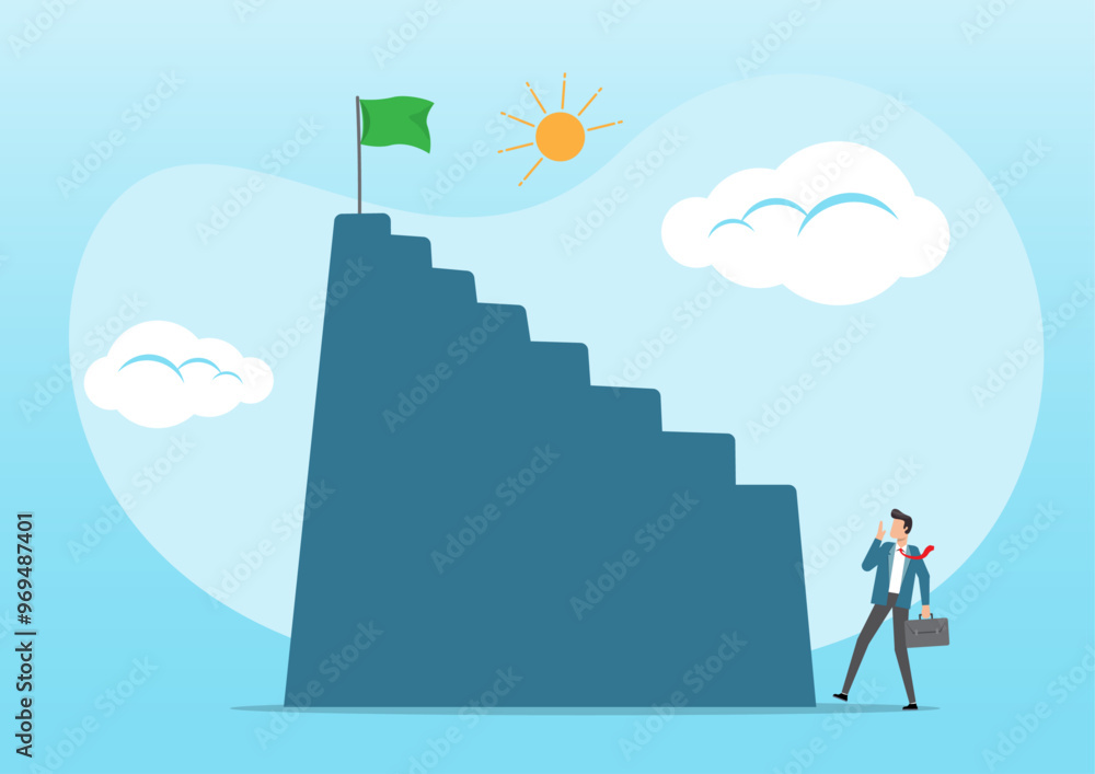 discouraged businessman looking at high steep